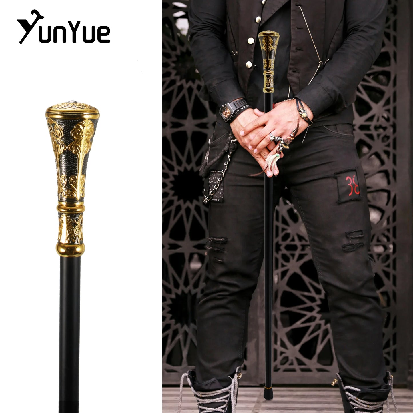 Gold Black Round Metals Walking Cane Gentleman Self-defense Cane Knife Walking Stick Film Props Cane Swords Real Blade Hidden