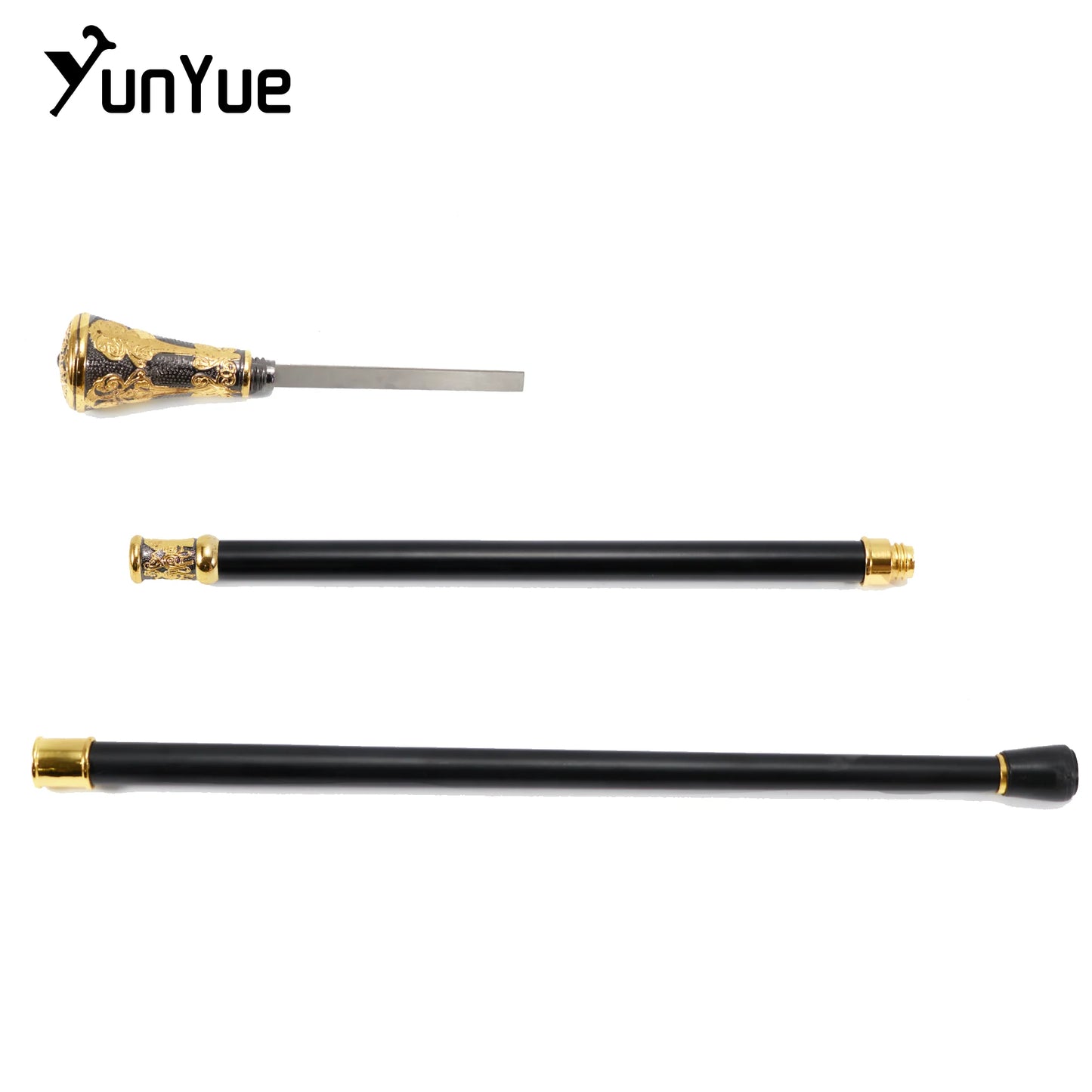 Gold Black Round Metals Walking Cane Gentleman Self-defense Cane Knife Walking Stick Film Props Cane Swords Real Blade Hidden